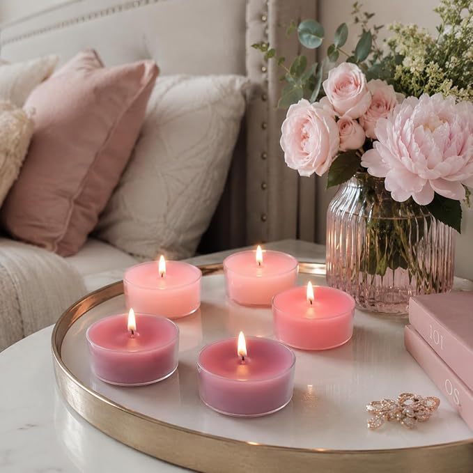 Gradient Pink Tea Lights Set of 24, Rose Scented Tealight Candles, Handmade Tea Candles, Long Burning Tealights for Romantic Wedding Home Decor Gift