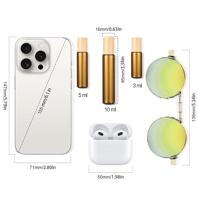 10mL(1/3 Oz) Amber Glass Roll On Bottles, 8 Pack Leak Proof Refillable Roller Bottles for Essential Oils, Perfume, DIY Craft, Samples, Eye Roller, Travel Portable