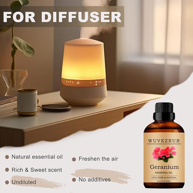 Geranium Essential Oil, 60ML Pure and Natural for Aromatherapy Diffuser - 2 Fl Oz