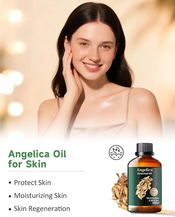 Angelica Root Essential Oil, Pure Angelica Oil Mumianhua Grounding & Calming Aroma for Meditation, Yoga, Diffuser & Mind Wellness, Steam Distilled, 3.38 Fl Oz