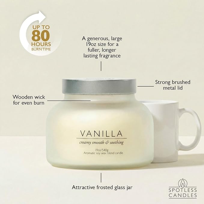 Vanilla Volcano Candle 19oz: 80-Hour Burn, Creamy Smooth Vanilla Scent, Hybrid Soy Wax, Crackling Wood Wick, Cream Matte Glass Jar, Gold Foil Gift Box by Spotless Candles