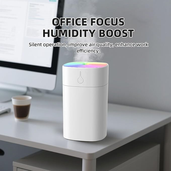 Portable Desktop Humidifier, 400ml Small Humidifier, Travel Fragrance Diffuser, Powered by USB, with LED Light and Automatic Shut-off Function (White)