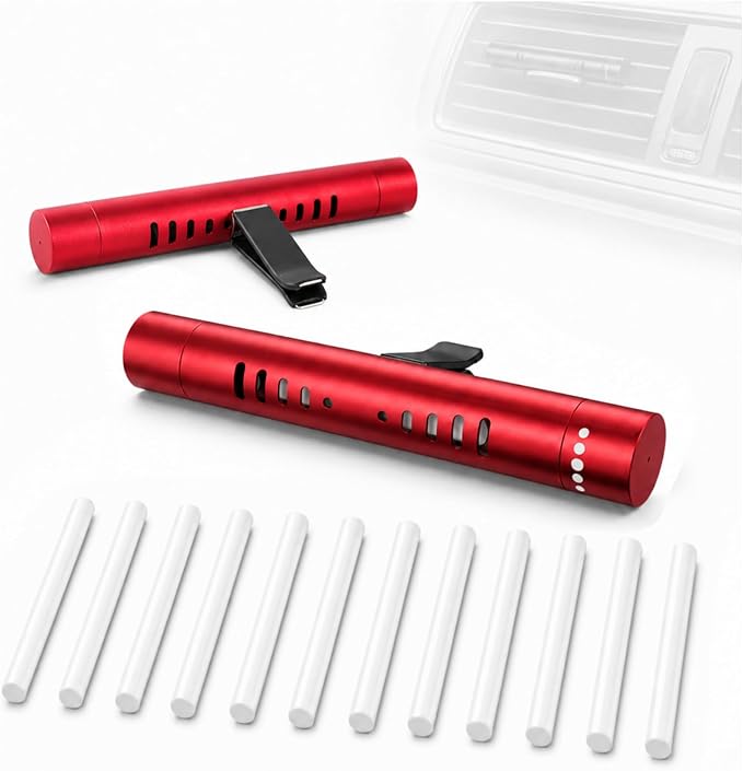 2 Pack Car Essential Oil Diffuser Vent Clip, Aluminum Essential Oil Car Diffuser Vent Clip Kit with 12 Pcs Odorless Sticks, Vent Clip for Cars, Office, Kitchen (Red, 2 Pcs)