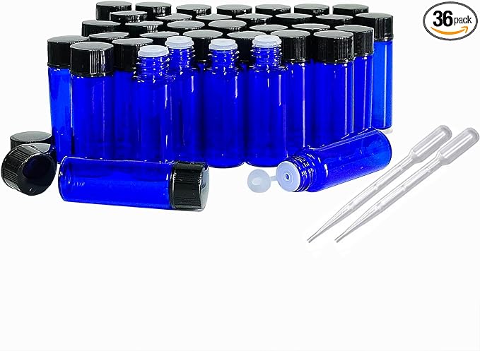 36Pcs Cobalt Blue Glass Bottles For Essential oils 5ml, Empty Refillable Vials Sample Bottles, with Orifice Reducers and Black Caps ﻿ (5ml)