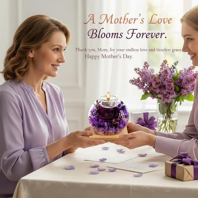 Eternal Preserved Real Rose, Glass Dome Gift Set with 18 Scented Candles (9 Rose,9 Vanilla), Mother's Day Valentine Christmas Birthday Gift for Women Mom Girlfriend Wife Home Decor (Dark Purple)
