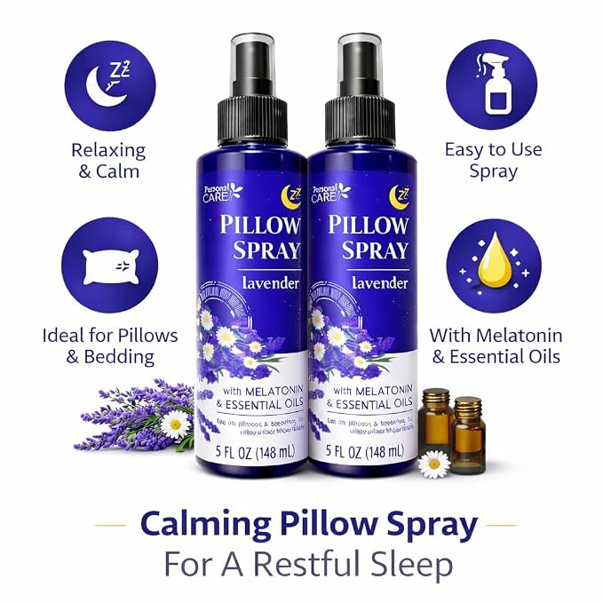 Lavender Pillow Spray with Melatonin & Essential Oils – Aromatherapy Mist for Bedtime Relaxation – Calming Lavender Scent – Linen Spray – 5 oz Bottles (Pack of 2)
