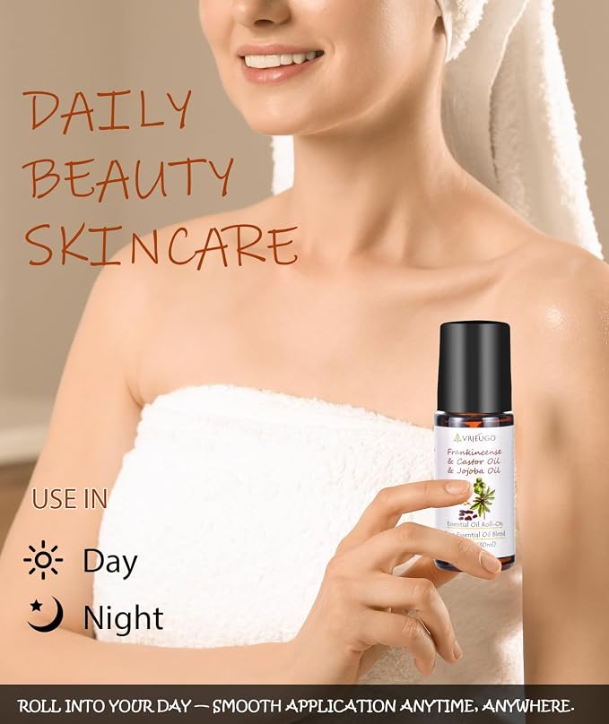 Organic Frankincense, Castor & Jojoba Oil Roll-On – 3-in-1 Blend 100% Pure Essential Oil Blend for Face & Body | Nourishing & Hydrating Body Firming Rollerball 30ML