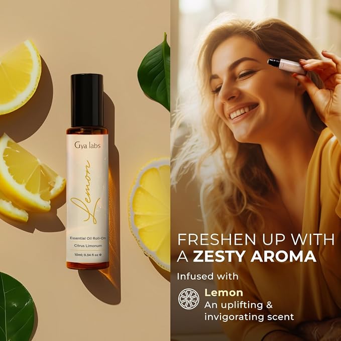 Gya Labs Lemon Essential Oil for Diffuser & Lemon Roll On Set - Aromatherapy Grade Essential Oils Set - 2x0.34 fl oz