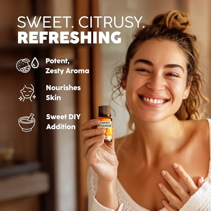 100% Pure Sweet Orange Oil - 0.34 Fl Oz Sweet Orange Essential Oil for Hair, Skin, Diffuser, Aromatherapy & DIY Soap Making Scent