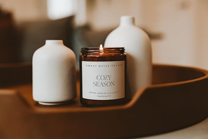 Sweet Water Decor Cozy Season Soy Candles - Fall Candles with Woods, Warm Spice, and Citrus Scent for Home Decor - Soy Candle with 40 Hours Burn Time - 9Oz Black Lid Amber Jar Candles Fall Scents