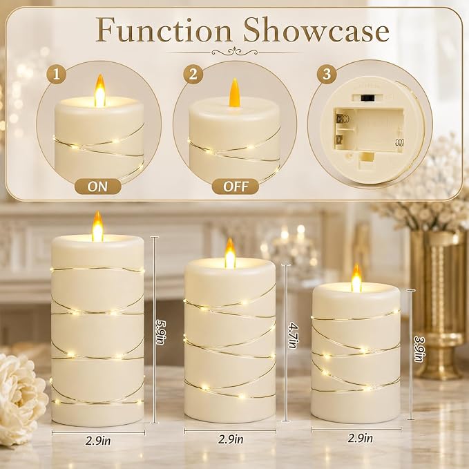 Upinmz Flickering Flameless Candles with String Lights, Battery Operated Candle, LED Candles Unbreakable Acrylic Candles with Remote Control and Timer -3 Pack Ivory White