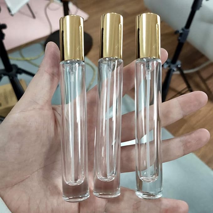 Thick Glass 5pcs 10ml 1/3oz Gold Spray Bottle Refill Perfume Hydrating Fragrance Fine Mist Atomizer Cosmetic Container Round Tube Party Makeup Tool Travel Gift Sample