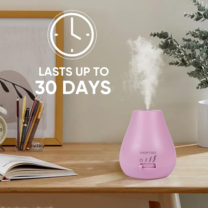 HAPPTWS Essential Oil Diffuser - Waterless Diffuser 3 Timer Settings Battery Powered for Bedroom Yoga Room Toilet Pet Room - Pink