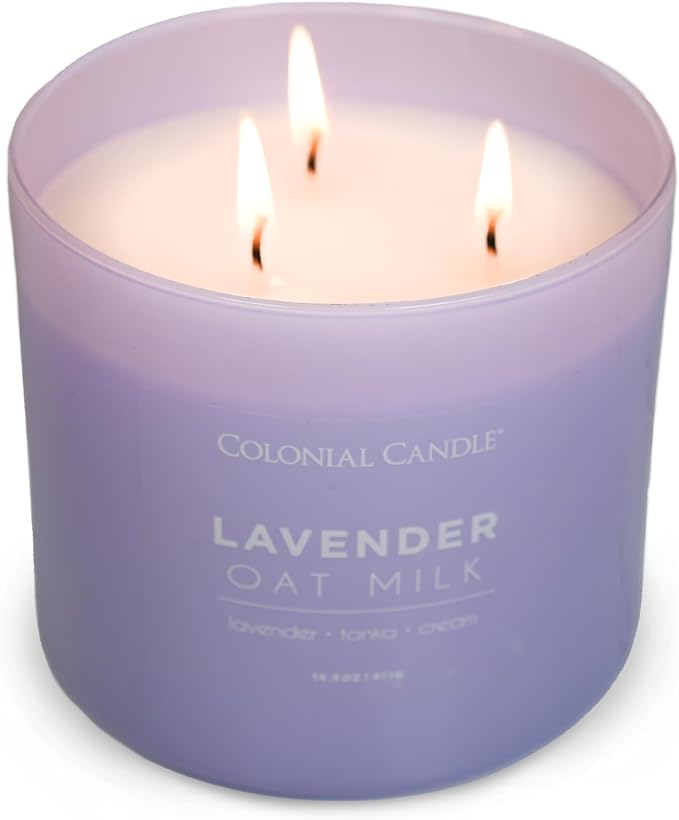Colonial Candle Lavender Oat Milk Scented Jar Candle, Pop of Color Collection, 3 Wick, 14.5 oz - Up to 60 Hours Burn