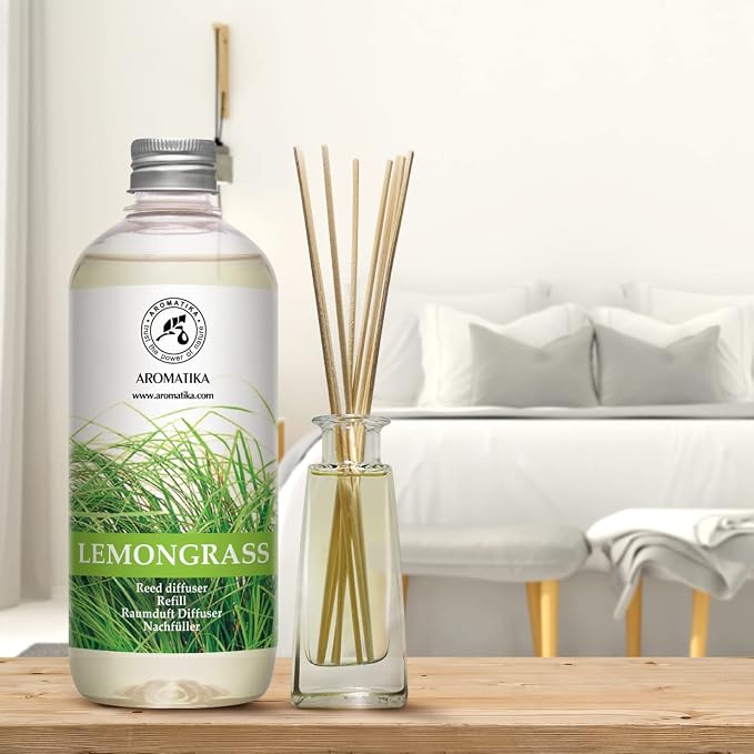 Reed Diffuser Refill Lemongrass 51 Fl Oz - Room Diffuser w/Essential Lemongrass Oil - Set 3x17Fl Oz - Home Fragrance - Aromatherapy Air Freshener Essential Lemongrass Oil Diffuser