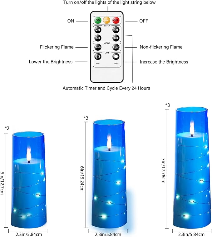 Eebuss Flameless Candles with Embedded Star String, Battery Operated LED Pillar Candles with Timer and Remote Control,Home Decorating for Ambiance， Set of 7 (Blue)