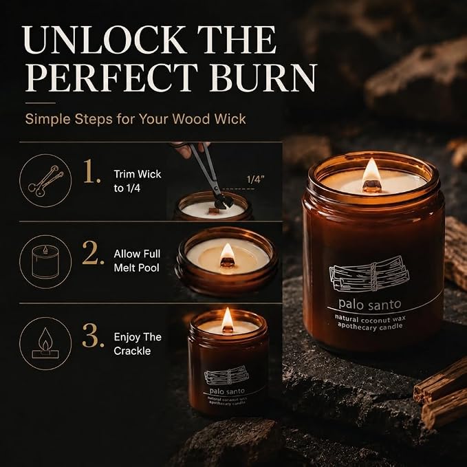 Hemlock Park Palo Santo Apothecary Scented Candle | Crackling Wood Wick, Botanical Fragrance & Coconut Apricot Wax | Up to 60 Hour Burn Time | 8 oz | Made in USA