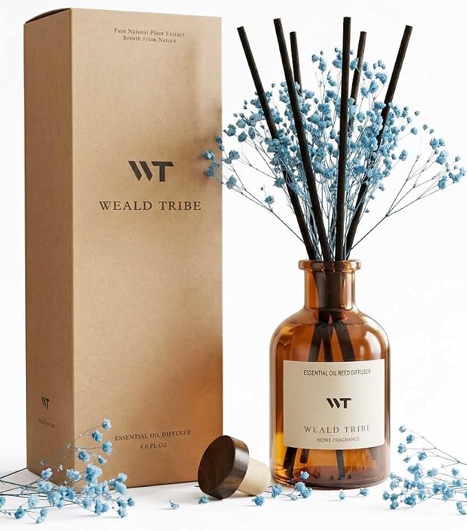 WEALD TRIBE Flower Reed Diffuser Set Cashmere Vanilla Scent for Bathroom Air Fresheners | 4.0 fl oz Essential Oils with Sticks Home Fragrance Defusers | House Bedroom Office Shelf Decor & Gift