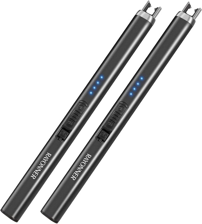 RAYONNER Rechargeable Electric Candle Lighter Windproof Plasma Arc Lighter for Deep Jars BBQ Camping Flameless Fire Starter Christmas Stocking Stuffers Gift (2 Pack - Black)