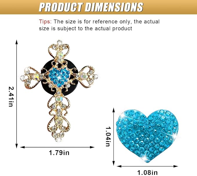 2PCS Bling Cross & Heart Car Dashboard Air Vent Trim Clip, Sparkly Rhinestone Car Air Vent Clips, Diamond Auto Diffuser Charm Clip, Auto Interior Decoration Accessory for Women Girls (Blue)