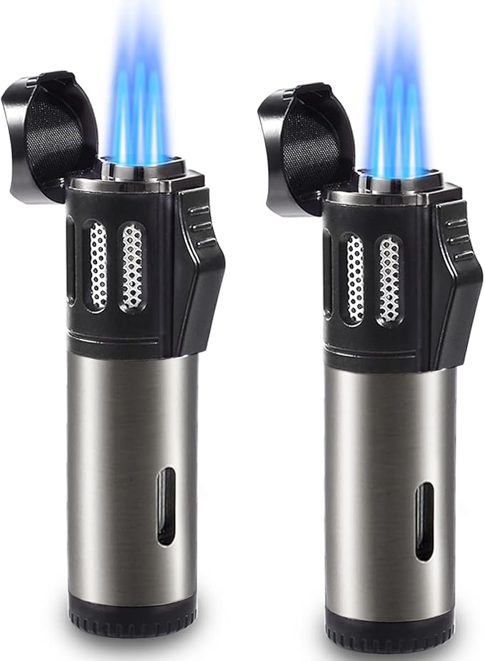 Urgrette 2 Pack Torch Lighter Triple 3 Jet Flame Butane Gas Lighter Refillable Jet Torch Lighters Adjustable Windproof Pocket Lighter for Grill Kitchen Fireplace Camping (Fuel Not Included)