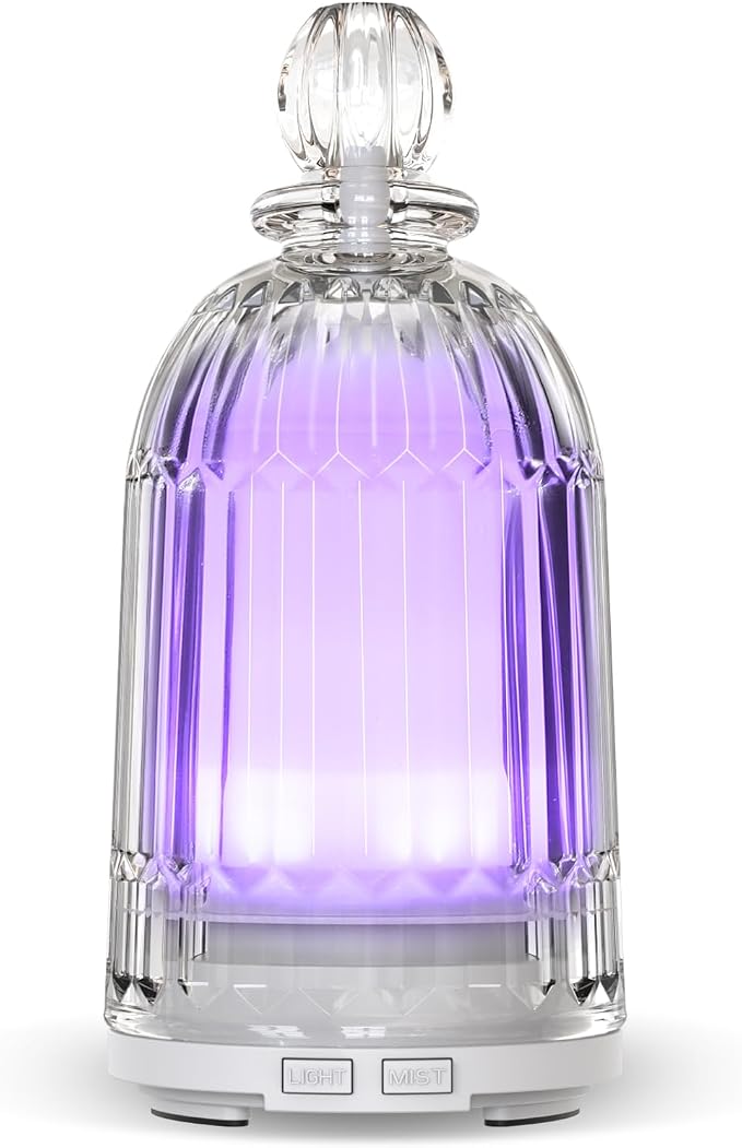 120ml Glass Essential Oil Diffuser, Ultrasonic Aroma Diffuser Glass Cover & Plastic Reservoir with Auto Shut-Off, 7 Colors LED Light for Home, Bedroom, Office, Yoga(White Base)