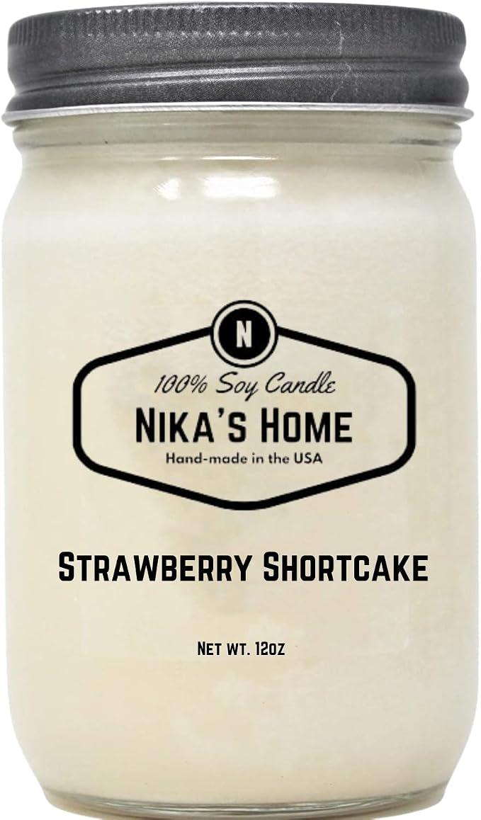 Nika's Home Strawberry Shortcake Soy Candle - 12oz Mason Jar - Non-Toxic - Hand Poured in The USA, Long Burning 50-60 Hours Highly Scented All Natural, Clean Burning