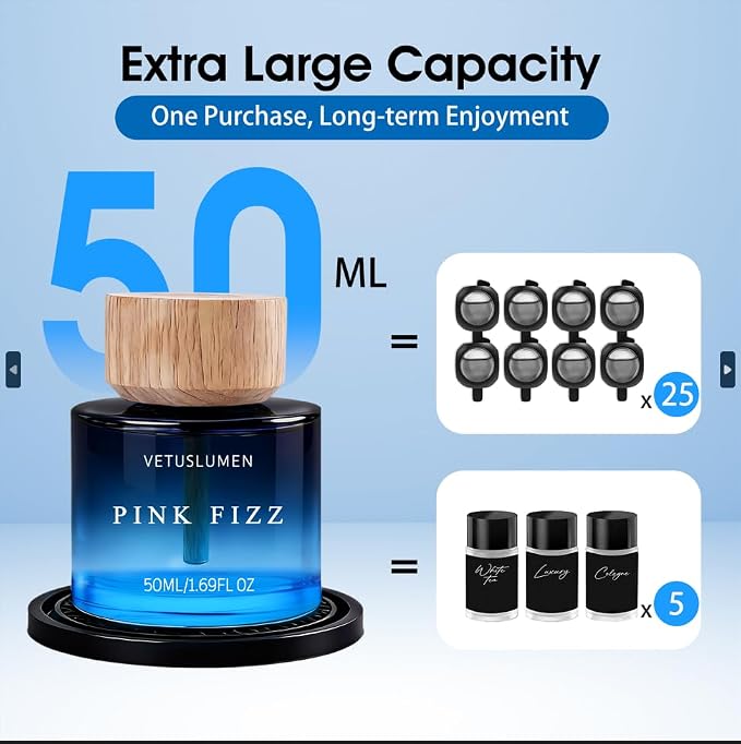 6 Pack Car Air Freshener, 50ml (1.7fl oz) / Each Large Capacity Air Freshener Diffuser Set, Natural Essential Oil Fragrance Aromatherapy, Long-Lasting Scent for Car Cup Holder Accessories
