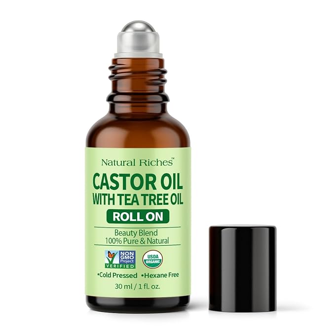 Natural Riches Castor Oil with Tea Tree Oil – Glass Roll-On Bottle for Hair Growth, Eyelashes & Eyebrows – Cold Pressed, 100% Pure, Scalp Care for Dry, Itchy Scalp – Travel Size Roller 1 fl oz.