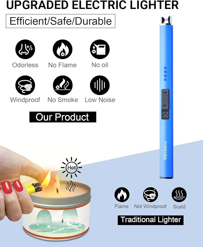 FUKKUDA Electric Candle Lighter with Safety Switch - USB Rechargeable Windproof & Flameless Plasma Arc Lighter for Easter Basket Stuffers (Sapphire Blue)