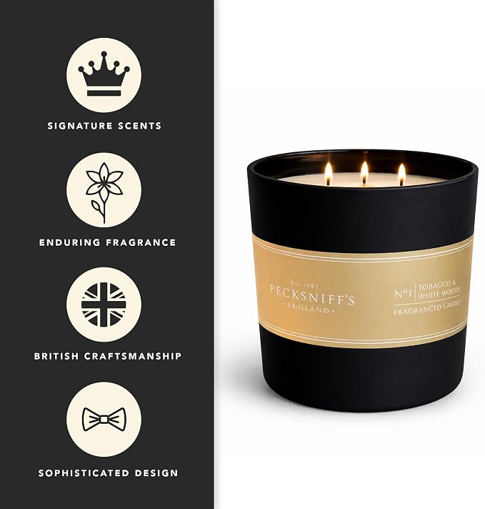 Pecksniff's Black Luxurious 3-Wick Tobacco & White Wood Scented Candle – 18.1 Oz/515g – with Metal Lid Relaxation and Elevated Home Ambiance