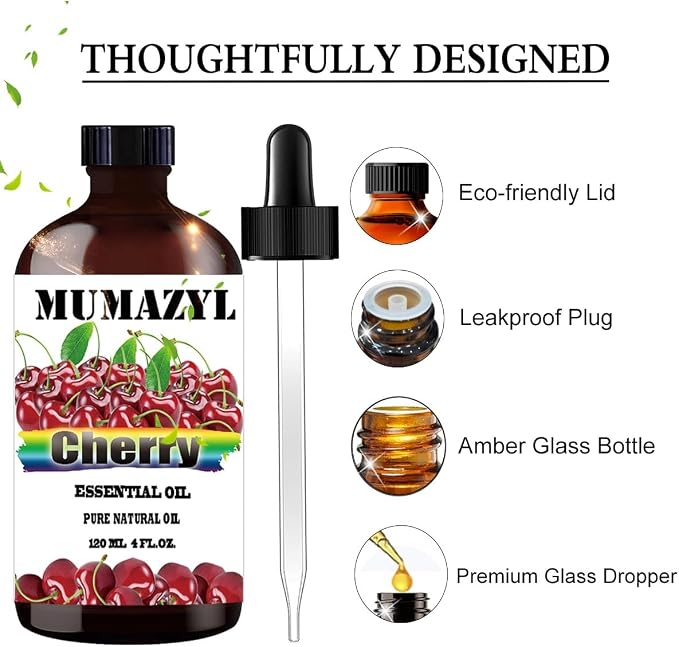 Cherry Essential Oil, Cherry Oil 4 Fl Oz 120ML for Diffuser Humidifier Yoga Cleaning DIY Candle Soap Making MUMAZYL Essential Oils