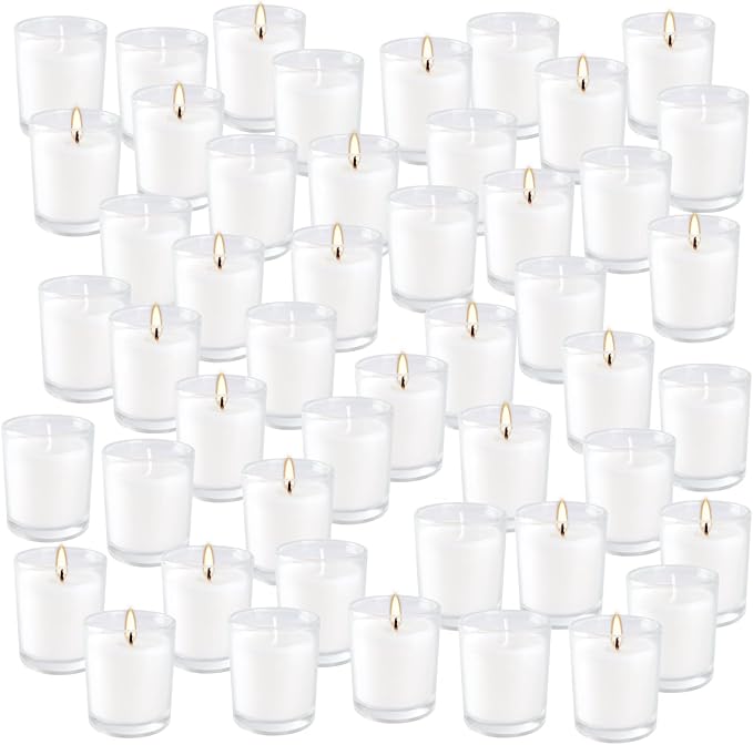 48 Pack Warm White Unscented Clear Glass Filled Votive Candles. Hand Poured Wax Candle Ideal Gifts for Aromatherapy Spa Weddings Birthdays Holidays Party.