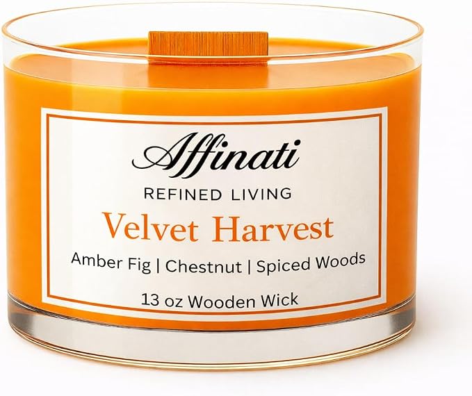 Affinati Velvet Harvest Wooden Wick Candle – Luxury Wooden Bowl, 13 oz