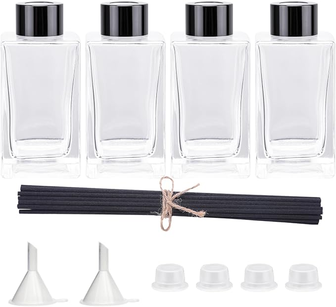 4PCS Empty Glass Fragrance Reed Diffuser Bottles, Refillable Diffuser Bottles with 20pcs Reeds Sticks & Black Caps & Funnel, Diffuser Jars for Home Oil Fragrance Decoration (100ML)