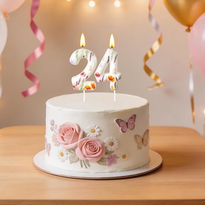 Number 4 Birthday Candle for Cake – Floral Botanical Design with Butterfly Detail – Elegant Cake Topper for Birthday, Garden Party Decoration