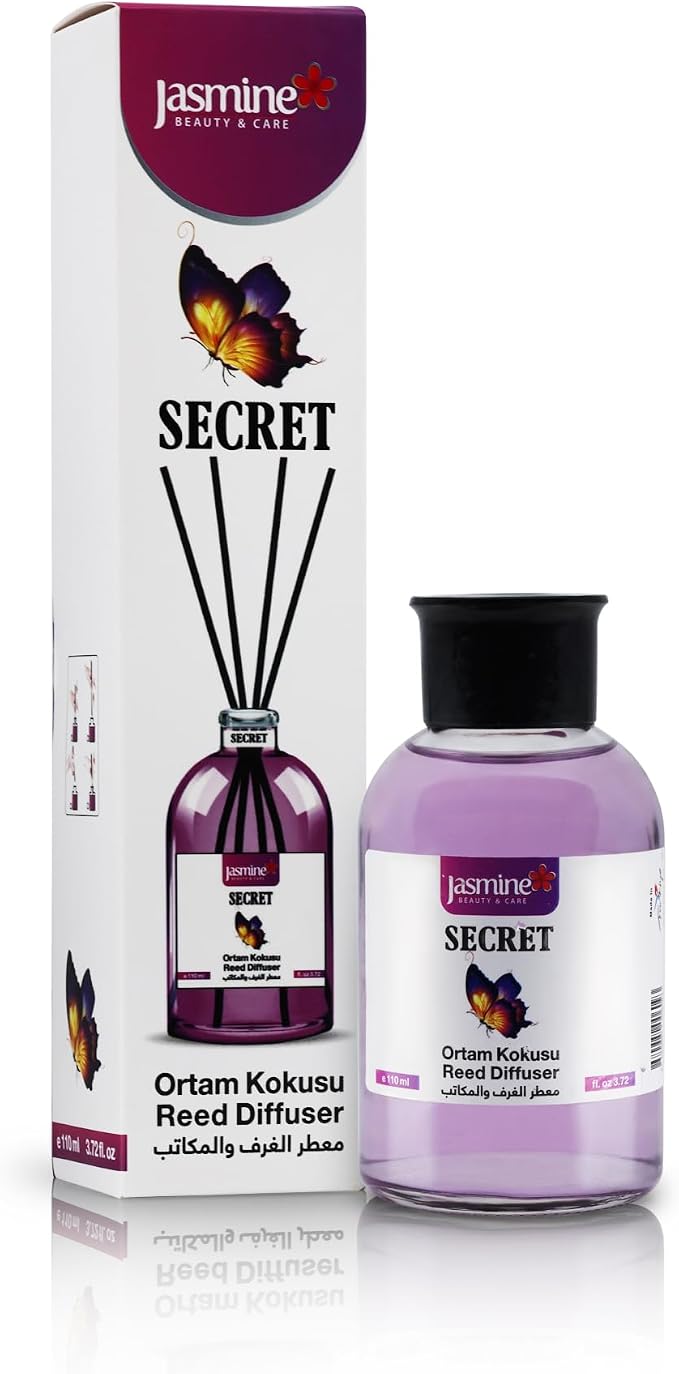 Jasmine Turkish Reed Diffuser (Secret) Set 3.72 Fl. Oz (110ml), with 4 Reed Sticks. for Your Office, Bedroom, Bathroom, Kitchen. Elegant Fragrance for Your Entire Home.
