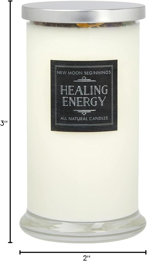 New Moon Beginnings Healing Candle - Negative Energy Cleansing - Soy Aromatherapy - Handmade with Crystals & Herbs - 21oz Glass Jar