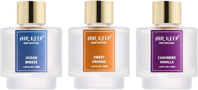 Airkeep Reed Diffuser Set of 3, Ocean Breeze Sweet Orange Cashmere Vanilla Oil Reed Diffusers for Bedroom Living Room Office Aromatherapy Oil Reed Diffuser for Gift 50ml x 3