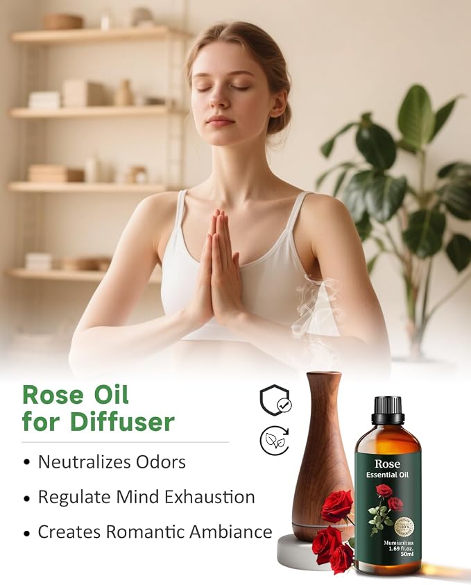 Rose Essential Oil, Pure Mumianhua Natural Floral Oil for Evening Wellness & Skin Radiance, Aromatherapy for Diffuser, Massage, Hair Care, Cologne, Candle & Soap Making – 1.69 Fl Oz
