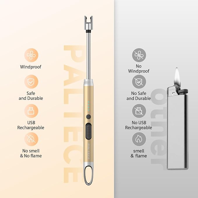 Electric Candle Lighter, USB-C Rechageable Arc Lighters for Camping, Long Lighter with 360° Flexible Neck & Safety Switch, Windproof lighters for BBQ, Gift for Mom, Wife (Champagne Gold)