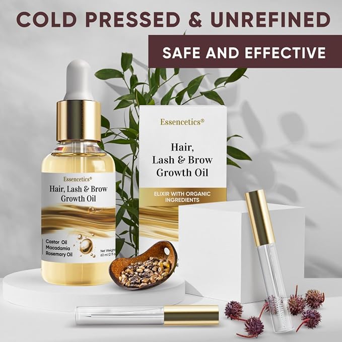 Castor Oil Organic Cold Pressed Unrefined Glass Bottle, Eyebrow Eyelash Growth Serum, Hexane-Free, Pure Rosemary, Macadamia Infused Oils for Hair and Scalp Growth, Natural Brow Lash Oil 2oz