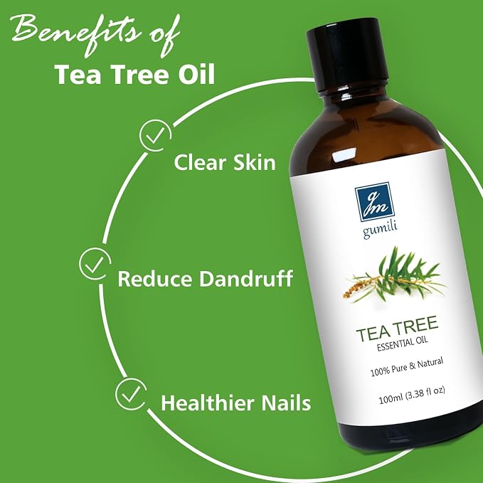 GM Gumili Pure Tea Tree Oil for Skin, Hair, Body Wash, Soap, Shampo and Conditioner, Nails, Body Oil, Aromatherapy Diffuser, 100% Natural Tea Tree Essential Oil - 200ml 6.7 Oz