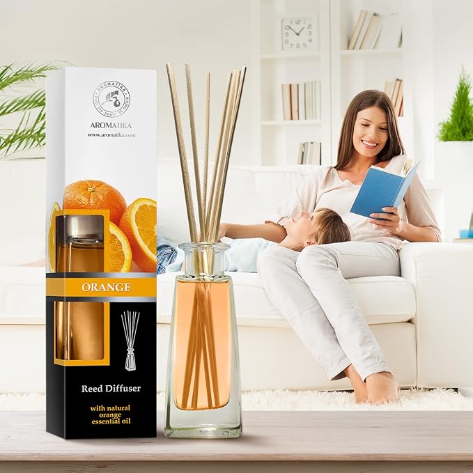 Orange Diffuser w/Orange Oil 3.4 Fl Oz - Fresh Room - Long Lasting Fragrance - Scented Reed Diffuser Orange - Diffuser Gift Set - for Aromatherapy - Home - Orange Essential Oil Diffuser by AROMATIKA