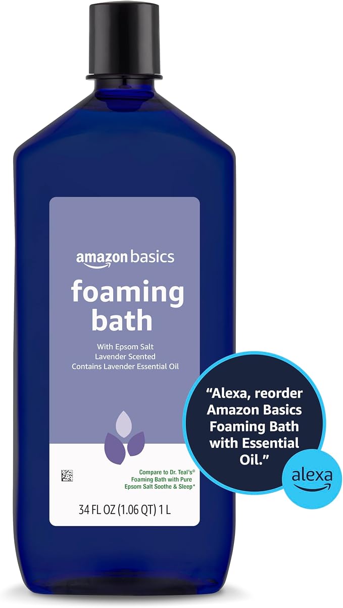 Amazon Basics Lavender Scented Foaming Bath with Essential Oil and Epsom Salt, Soothing, 34 Fluid Ounce