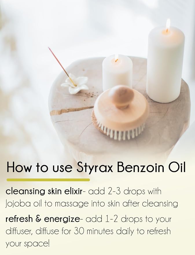 GreenHealth Styrax Benzoin Oil – 100% Pure Aromatherapy Grade – 4 fl oz – Thick Resinous Oil for Diffusers, Candles, Incense, DIY Blends – Amber Glass Bottle
