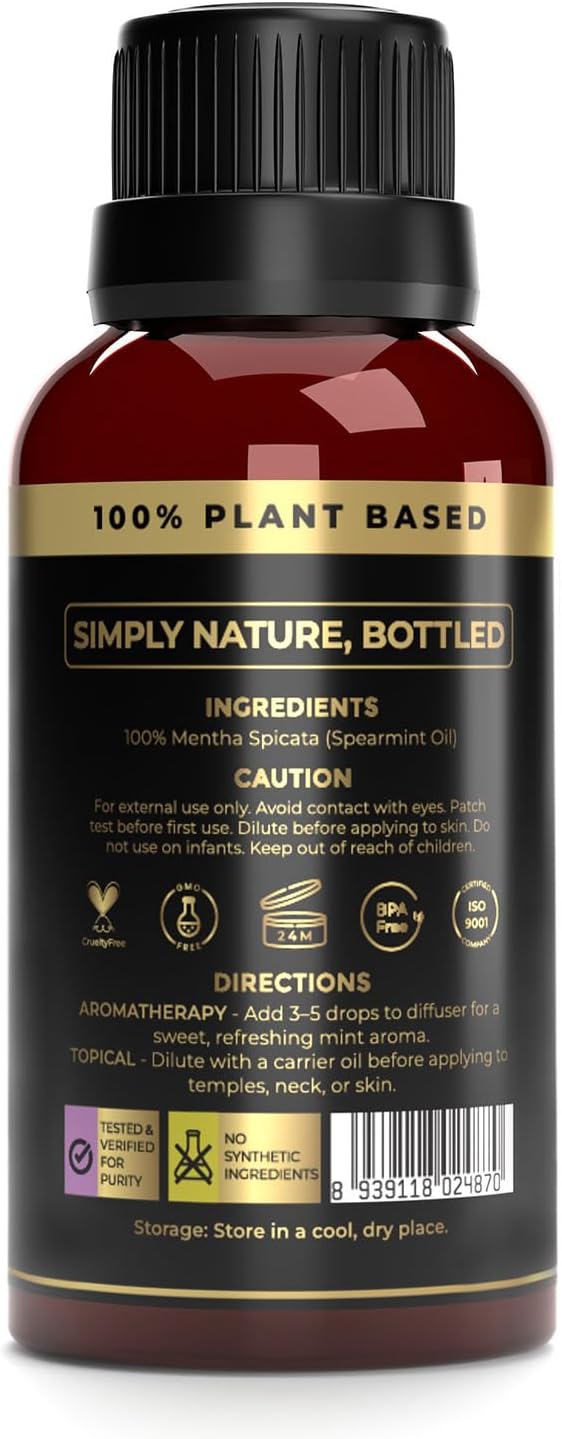 100% Plant Based Spearmint Essential Oil - Pure & Natural for Face, Skin and Diffuser | Organic Spearmint Oil for Facial Hair Care, Pcos, Aromatherapy | Relaxing Massage Oil with Aromatherapy Benefits
