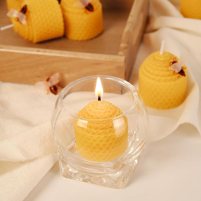 DEYBBY Natural Beeswax Candles Set of 6, Small Bees Wax Votive Candles with Little Bee Decorations as Housewarming Birthday Event Gift Party Favor (Yellow)