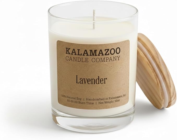 Kalamazoo Candle Company Hand-Poured Soy Wax Candle – 10oz Classic Jar, 60-80 Hour Burn Time – Made in USA, Highly Scented, Phthalate-Free (Lavender)