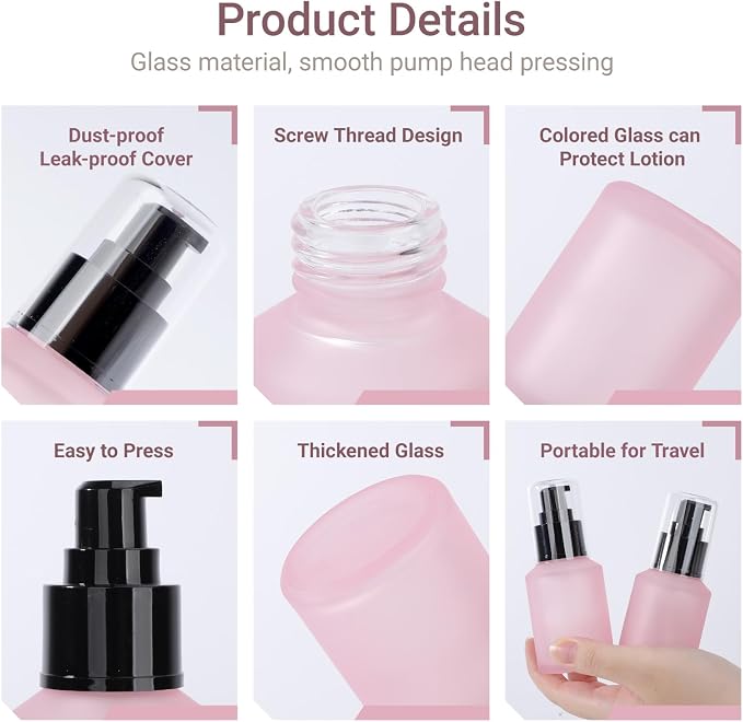 Segbeauty 2oz Frosted Glass Lotion Bottle Empty, 3pcs Travel Lotion Container, 60ml Refillable Glass Travel Bottles for Toiletries, Hair Oil Bottles, Mini Size Skincare Cream Pump Bottle Mixed Color